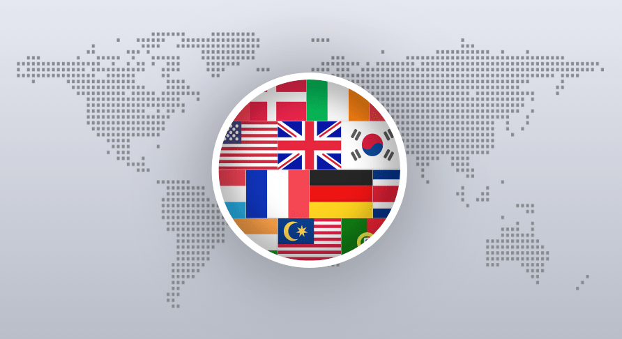 A world map showing the flags of our clients from the UK, Europe, USA, Central America, Asia and the Middle East